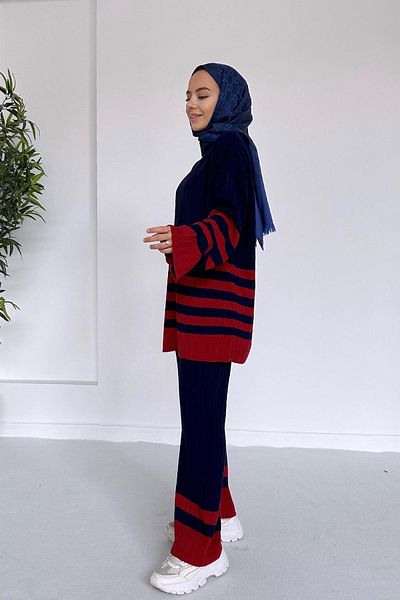 Ka Hijab Double Color Striped Hijab Knitwear Set - Navy Blue