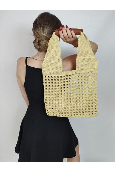 İLKCET MODA Women's Hand Knitted Straw Shoulder Bag