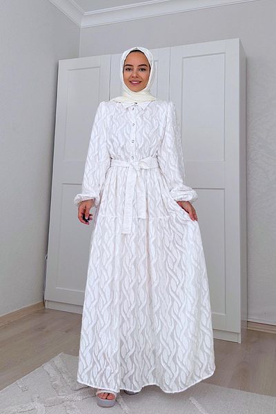 Ka Hijab Dream Stone Button Lined Hijab Dress - White