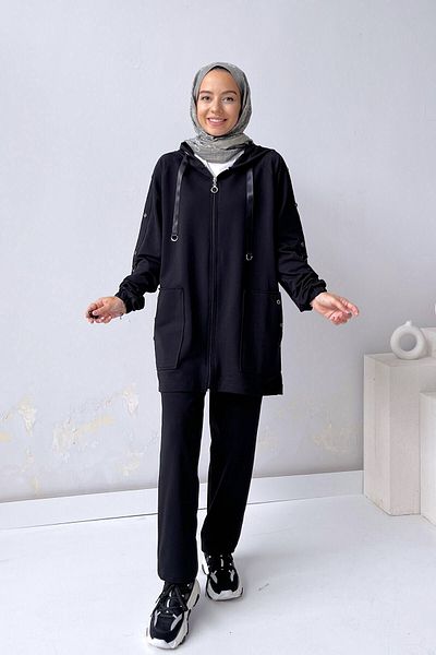 Ka Hijab Button Detailed Hijab Suit - Black