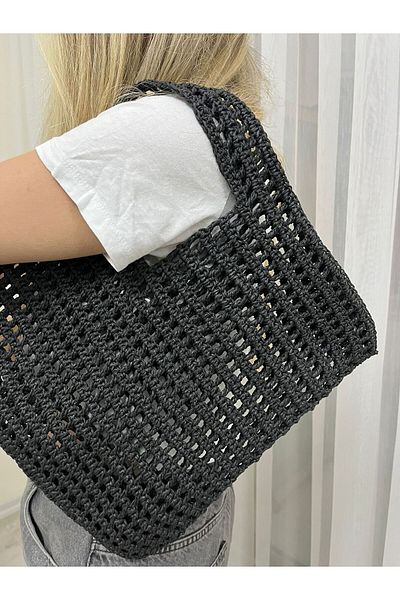 İLKCET MODA Geantă de umăr asimetrică din paie tricotată manual pentru femei