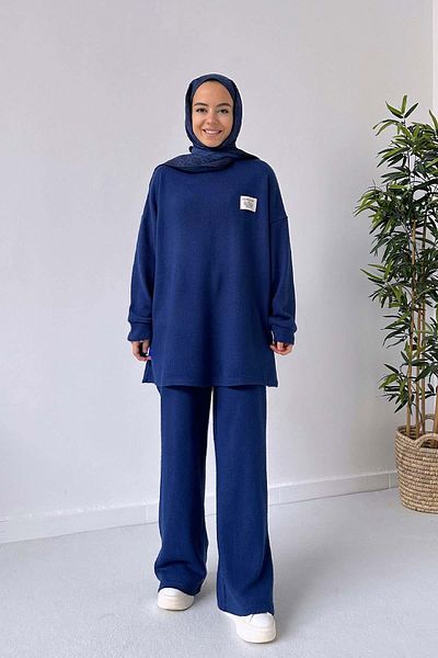 Ka Hijab Wide Leg Knitwear Hijab Set - Saks Blue