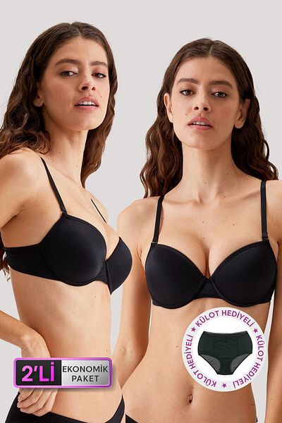 Pierre Cardin Economical Pack of 2 Black 6015 Milan Push Up Padded Micro T-shirt Bra Set with Slip Gift