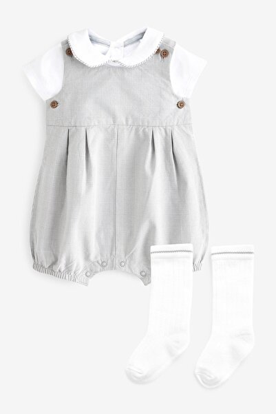 Next Baby % 100 Pamuklu Gri Smart Gömlek Salopet Çorap Set