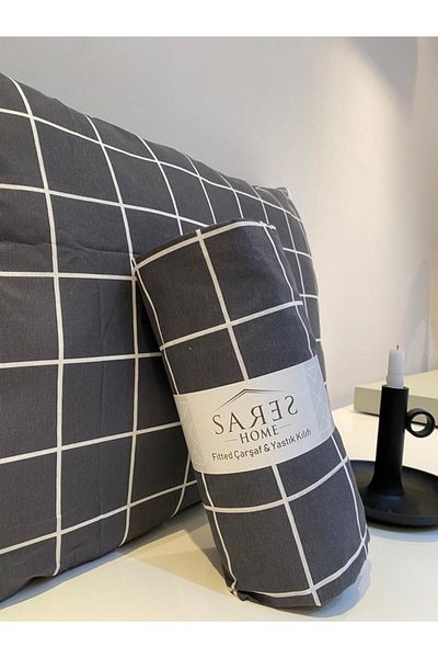 Sares Home Geometric Pattern Smoked Square Plaid Single Ranforce Elastic Sheet Set (100X200)