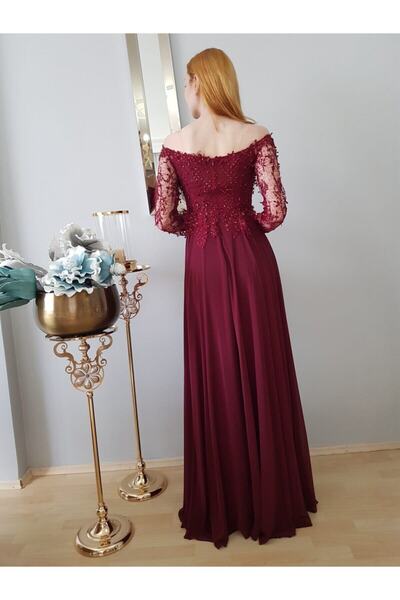 FERGAN Kadın Bordo Kayık Kaya Uzun Kol Şifon Abiye Elbise