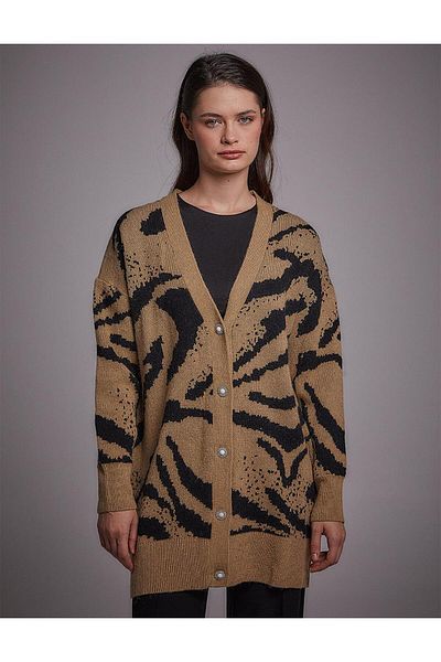 Kayra Abstract Pattern Premium Knitwear Cardigan Black-White