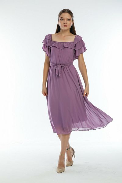 zks grup tekstil Φόρεμα σιφόν με λιλά Flounce Madonna Collar Plus Size