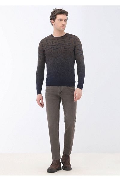 Kip Geometric Patterned Crew Neck Regular Fit Wool Blend Men's Triok Sweater