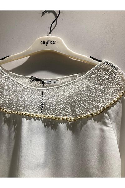 AYHAN Chiffon Shirt with Embroidered Short Sleeve Chain and Pearl Detail on the Collar