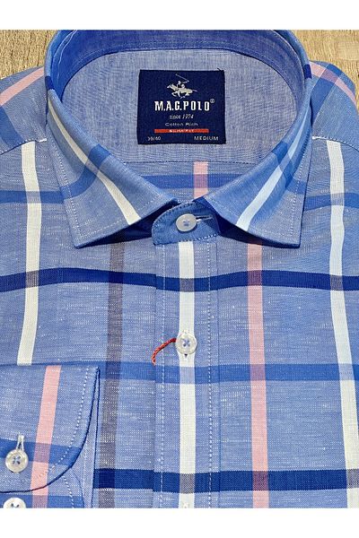 MAGPOLO Мъжка риза с дълъг ръкав, вталена кройка, карирана, ленена смес, синя, ежедневна