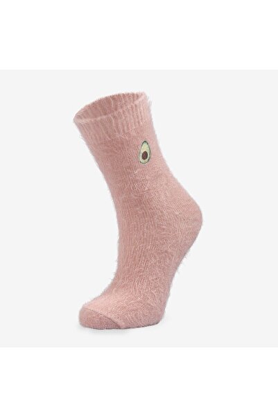 Bolero Avokado Nakışlı Tüylü Pembe Ev Çorabı