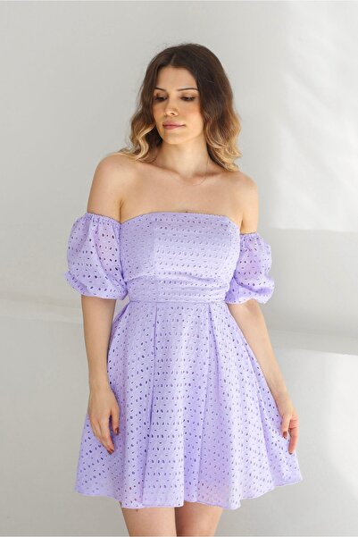 Faselle Balon Kol Lila Fisto Mini Elbise