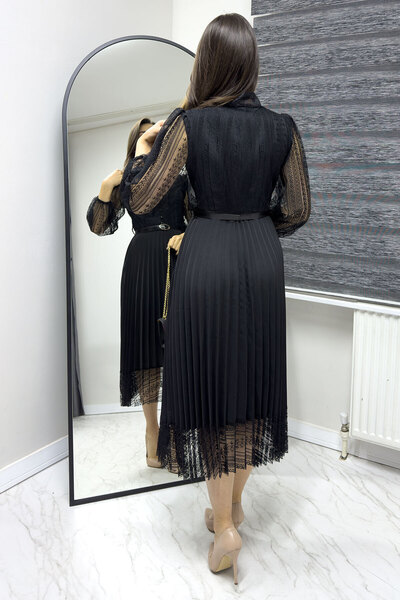 Elbise Delisi Siyah Boyundan Bağlamalı Dantel Detay Piliseli Abiye Elbise