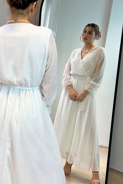 Elbise Delisi Λευκό Μακρύ Φόρεμα με Διπλό Γιακά Σιφόν Plus Size
