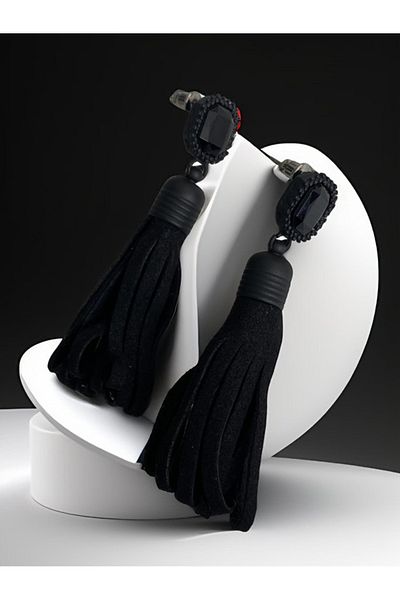 Rednose matte black crystal tassel night earrings