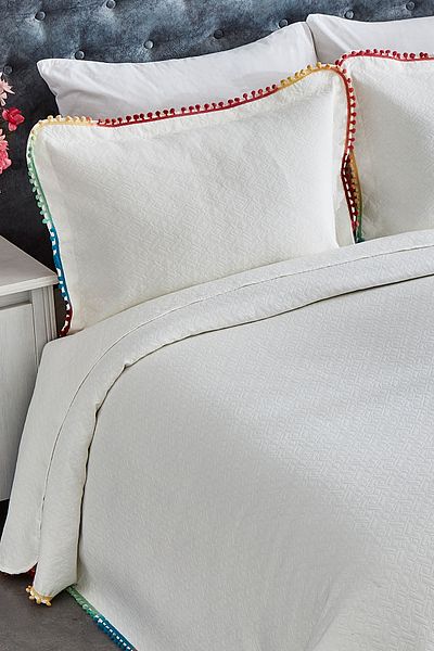 Evlen Home Collection Cotton Luxury Jacquard Bedspread Double Soft Colorful Pompom 4 Pieces Cream