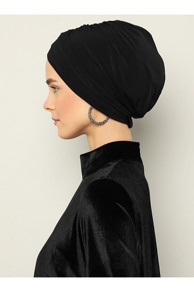 tessetür Bone diyarı Black Women's Turban - Cross Three-Band, External Bonnet Ready