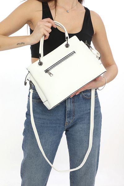 Piedra White Color Leather New Season Women's Bag with Plenty of Eyelets and Shoulder Strap