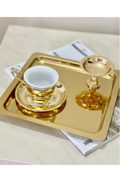 farklı evim Lüx Kare Aksesuarlı /Düz Paslanmaz Çelik 6’lı Kahve, Çay, Dekoratif Sunum Servis Tepsisi