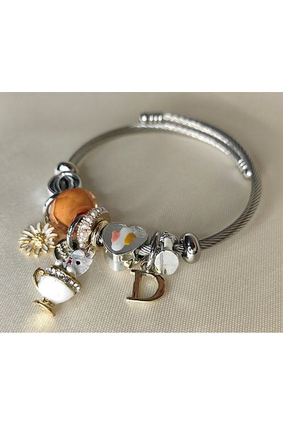 ARYA DESİGN Steel Bracelet with Cup Dog and Letter Charm