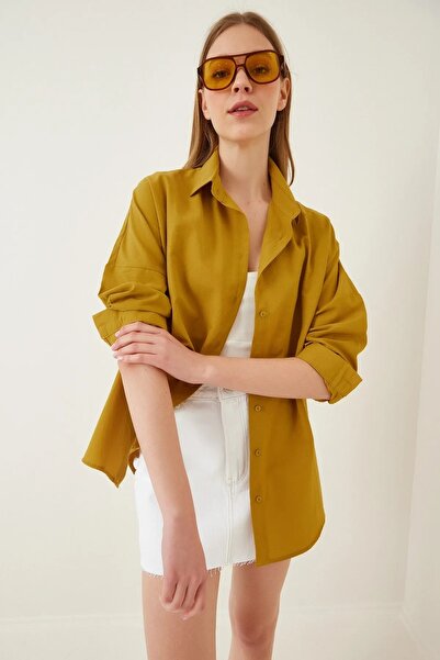 Z GİYİM Women's Mustard Yellow Plain Plain Araboy Basic Oversize Shirt