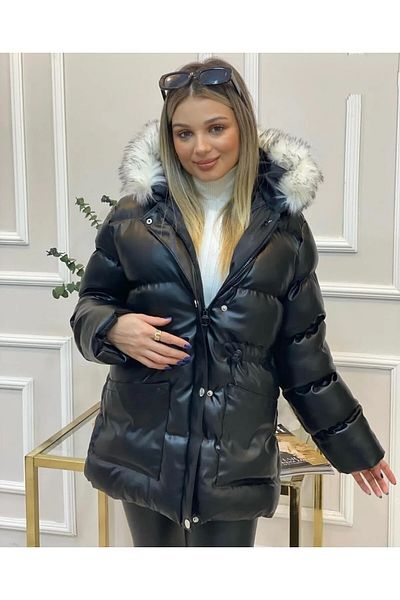 Ekim Store Dámská černá kožená bunda s kapucí na klínu