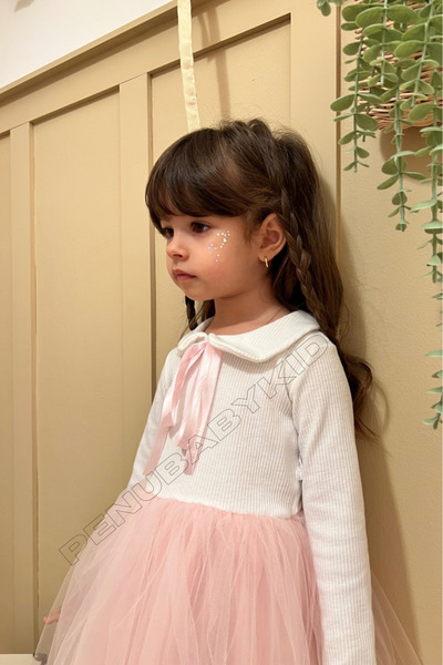 penu baby kids Pembe Kurdeleli Bebe Yaka Uzun Kol Kız Bebek Elbise - Heidi