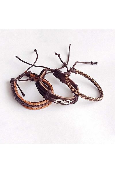BSN Store 3 Pieces Genuine Leather Bracelet with Infinity Luck Figure