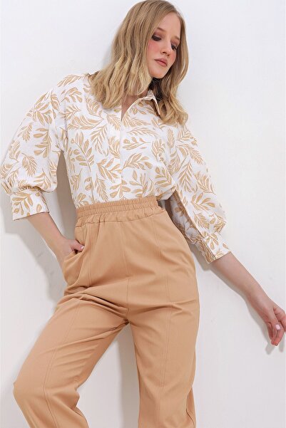 OlaLady Leaf Patterned Balloon Sleeve Linen Shirt with Hidden Placket