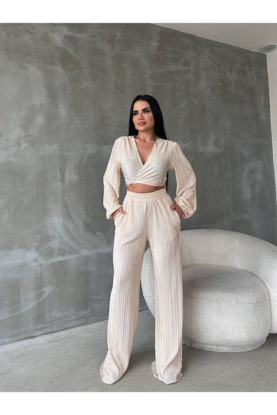 bymaestro woman Κρεμ δεμένη μπλούζα Παντελόνι Πλισέ Σετ