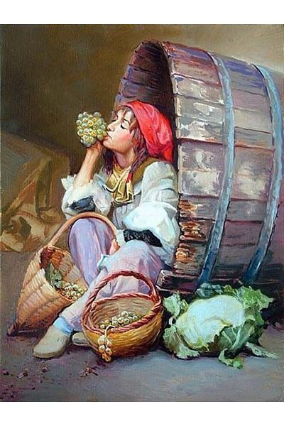 Marcel Kristal Tablo 46x61cm Girl Diamond Mosaic Painting - Grape Eating on Wooden Barrel