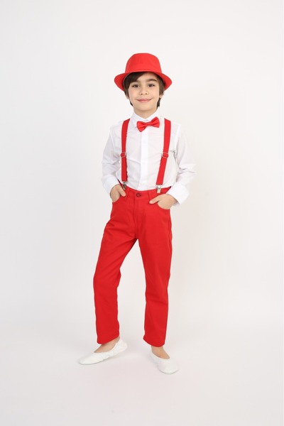 Dıgıl Kids Erkek Çocuk Takım Askı Papyon Gömlek Pantalon Kırmızı