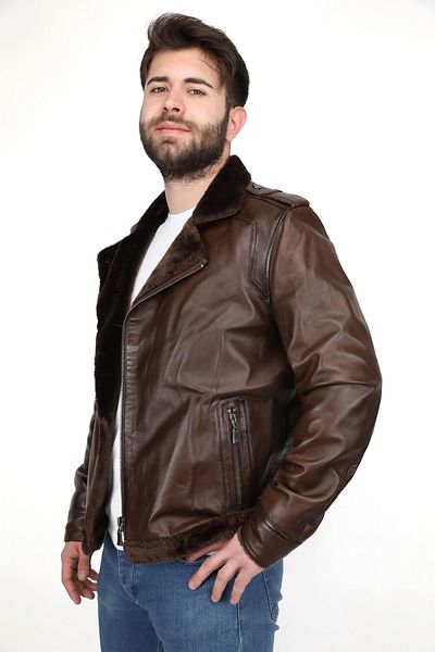 EGE DERİ Men's Brown Coat with Fur Inside