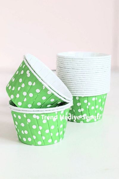 Trend Hediye Sepeti Pack of 50 Green Polka Dot Cupcake Cake Capsules, Muffin Cake Mold, Airfryer Compatible
