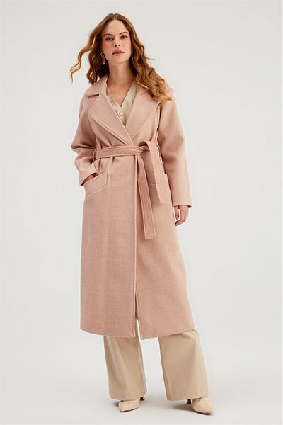 Sateen Belted Long Coat - Powder