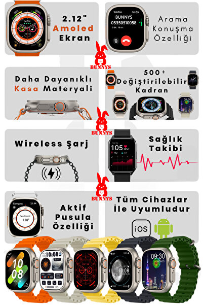 RABBİT STORE Xiaomi Mi 8 Uyumlu Akıllı Saat Watch 8 Ultra 49MM Konuşma Özellikli AMOLED EKRAN