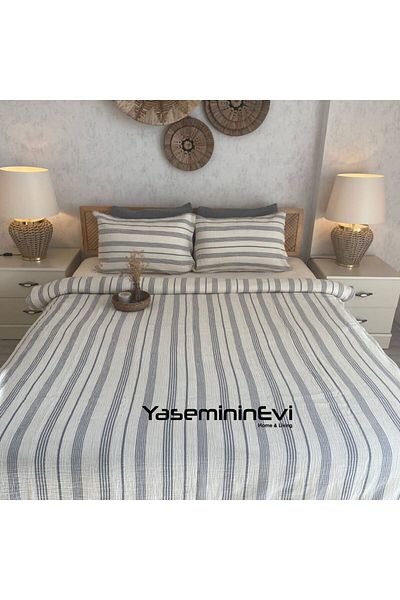 YASEMİNİNEVİ Μουσελίνα / Γκρι ριγέ / Σετ Παπλωματοθήκη Μονό