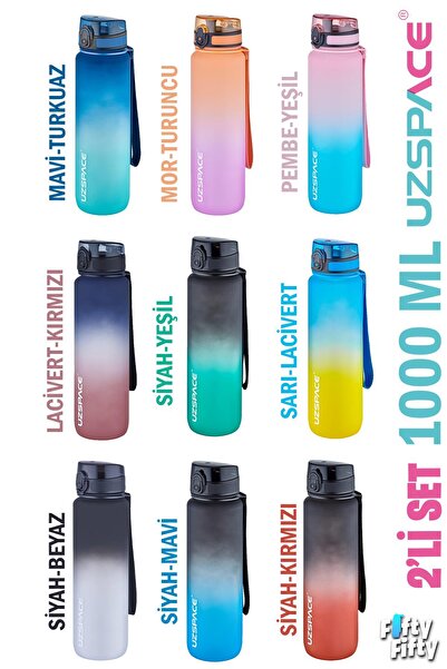 Uzspace 2'li Tritan Matara Seti 1000ml BÜYÜK BOY Çift Renk Softtouch FF Collection Tritan Su Mataras