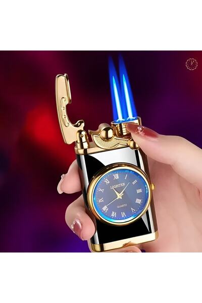 funshop Saatli Çift Ateşli Yeni Model Çakmak Rüzgarda Sönmez Metal Gövde