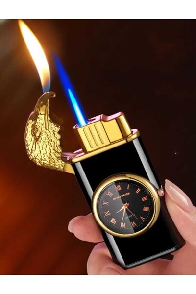 funshop Kişiye Özel Isimli Saatli Kartal Tasarım Çift Alevli Özel Başlıklı Şık Tasarımlı Turbo Gazlı Çakmak