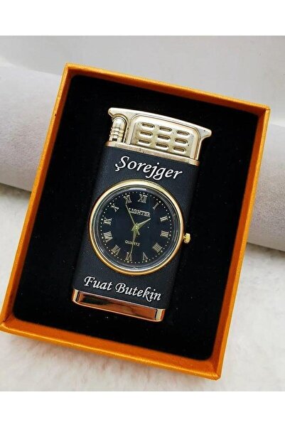 BaharHediyelik Kişiye Özel Erkek Saatli Turbo Çakmak Siyah