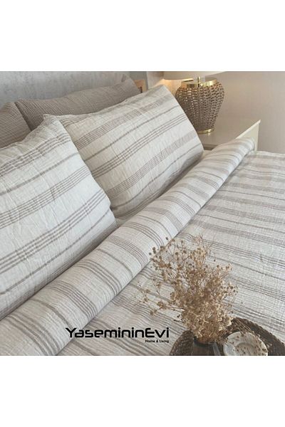 YASEMİNİNEVİ Μουσελίνα / Γκρι ριγέ / Σετ Παπλωματοθήκη Μονό