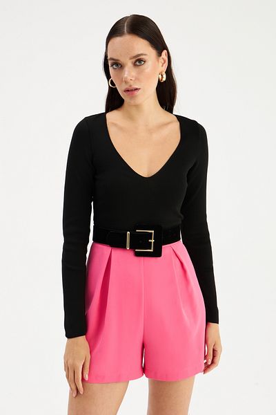 Sateen Crop de tricotaj cu decolteu în V - Negru