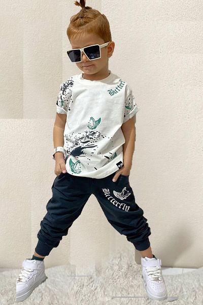 Riccotarz Boy's Butterfly Printed White Tracksuit Set