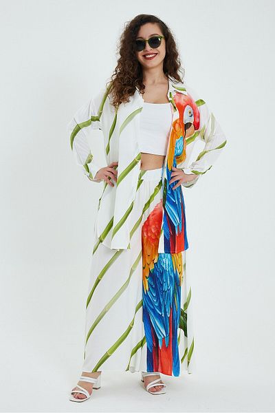 pumpkin woman Women's Mustard Striped Parrot Printed Double Viscose Set