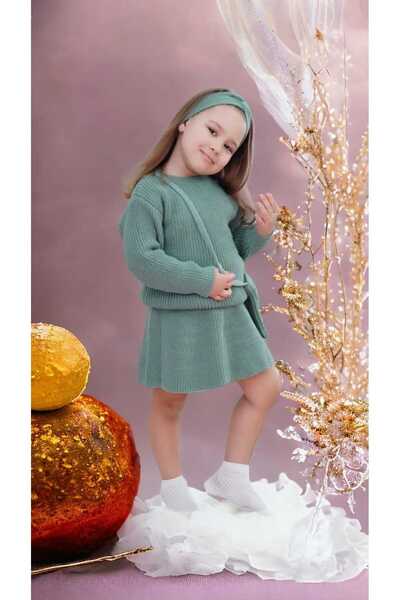 Girls' 4-Piece Knitwear Set with Skirt, Pullover, Hairband and Bag Accessories