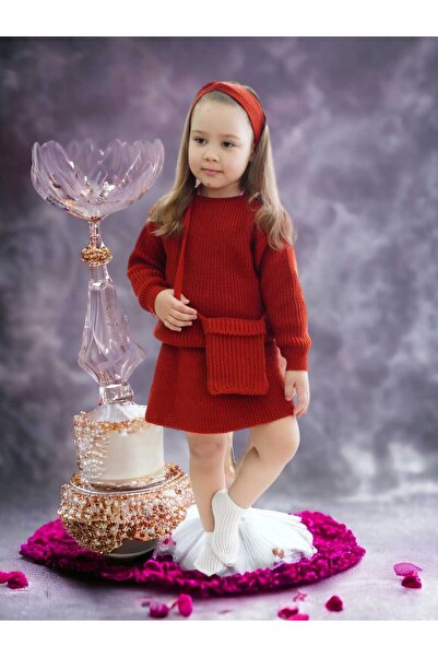 Meriç bebe Girl's 4-Piece Knitwear Set with Skirt, Sweater, Hair Band and Bag Accessories