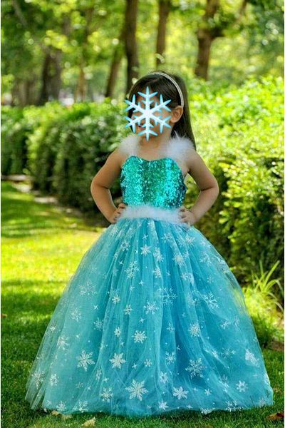 Parti Selesi Costum Elsa - Rochie Frozen - Cu Bretele - Mănuși Costum Coroană Sceptru