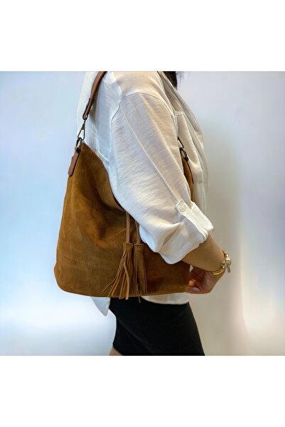 Genel Markalar Hakiki Deri Süet Püsküllü Uzun Askılı Kadın Omuz Çantası Taba